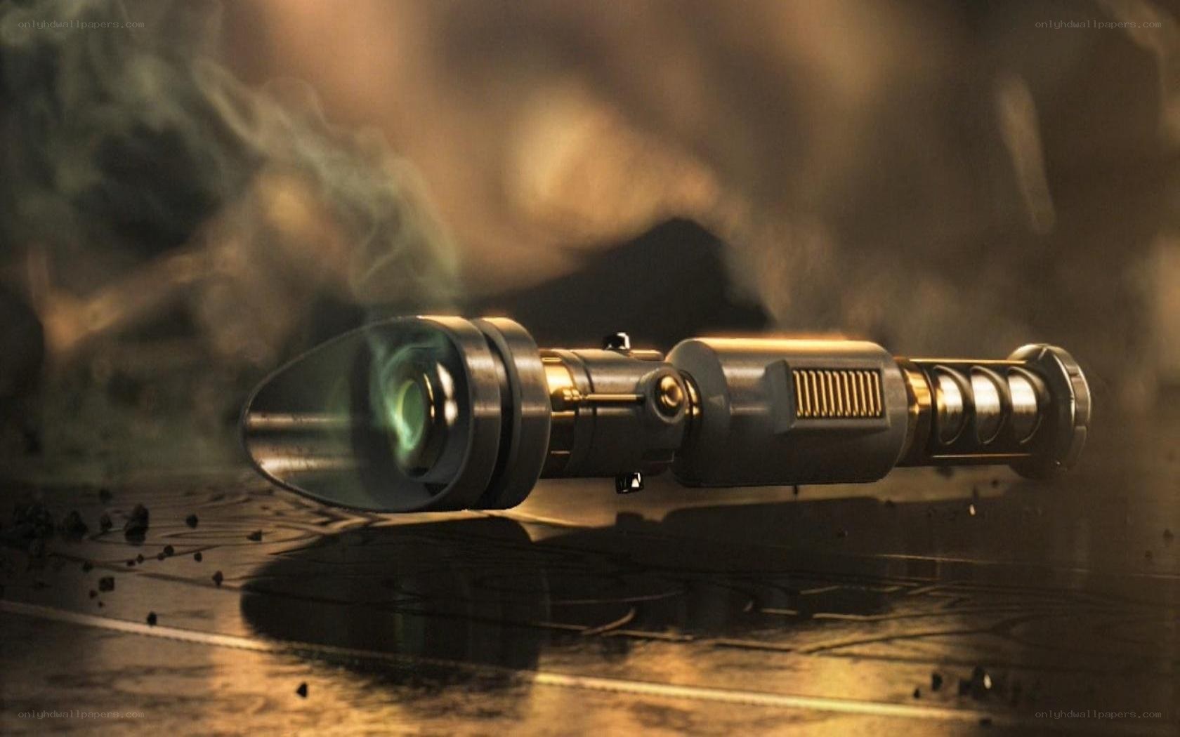 smoking lightsaber on ground