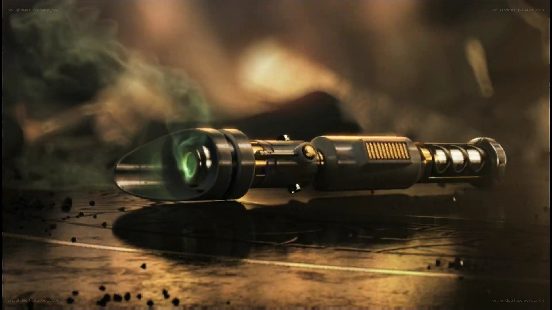 smoking lightsaber on ground