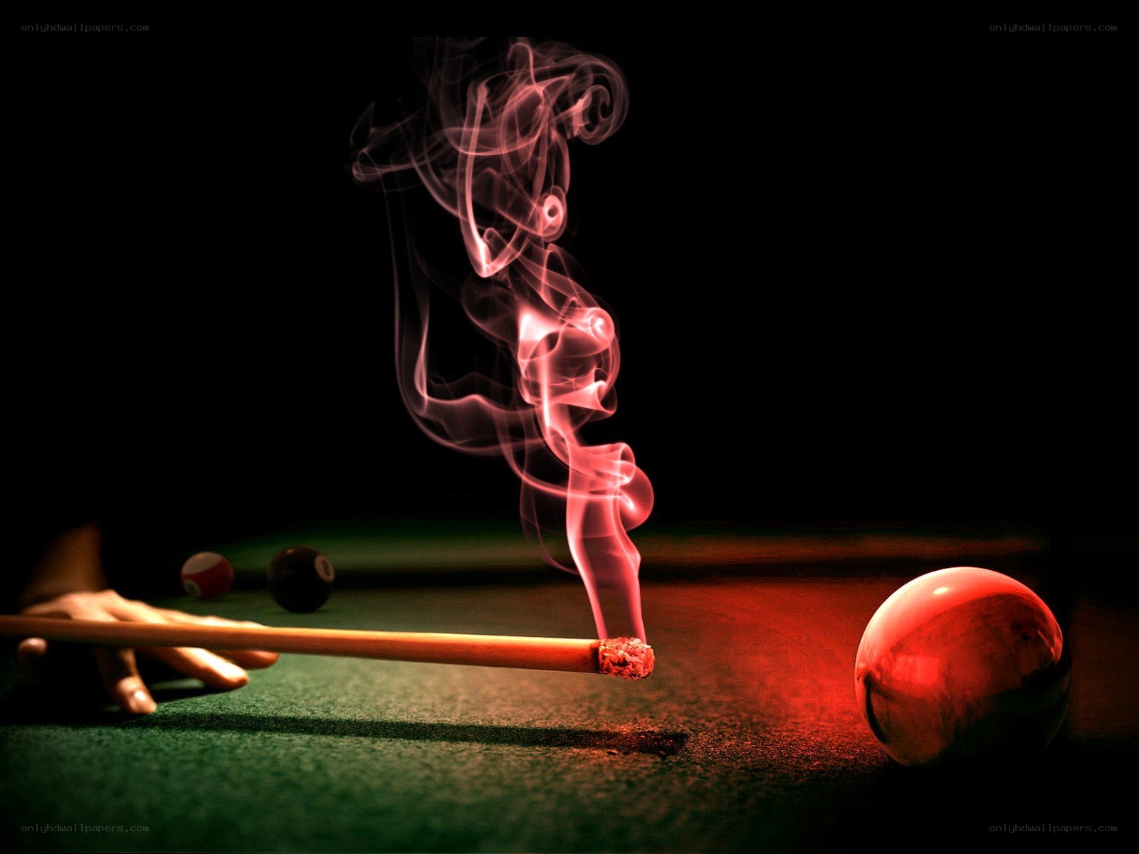 smoking pool cue on green table