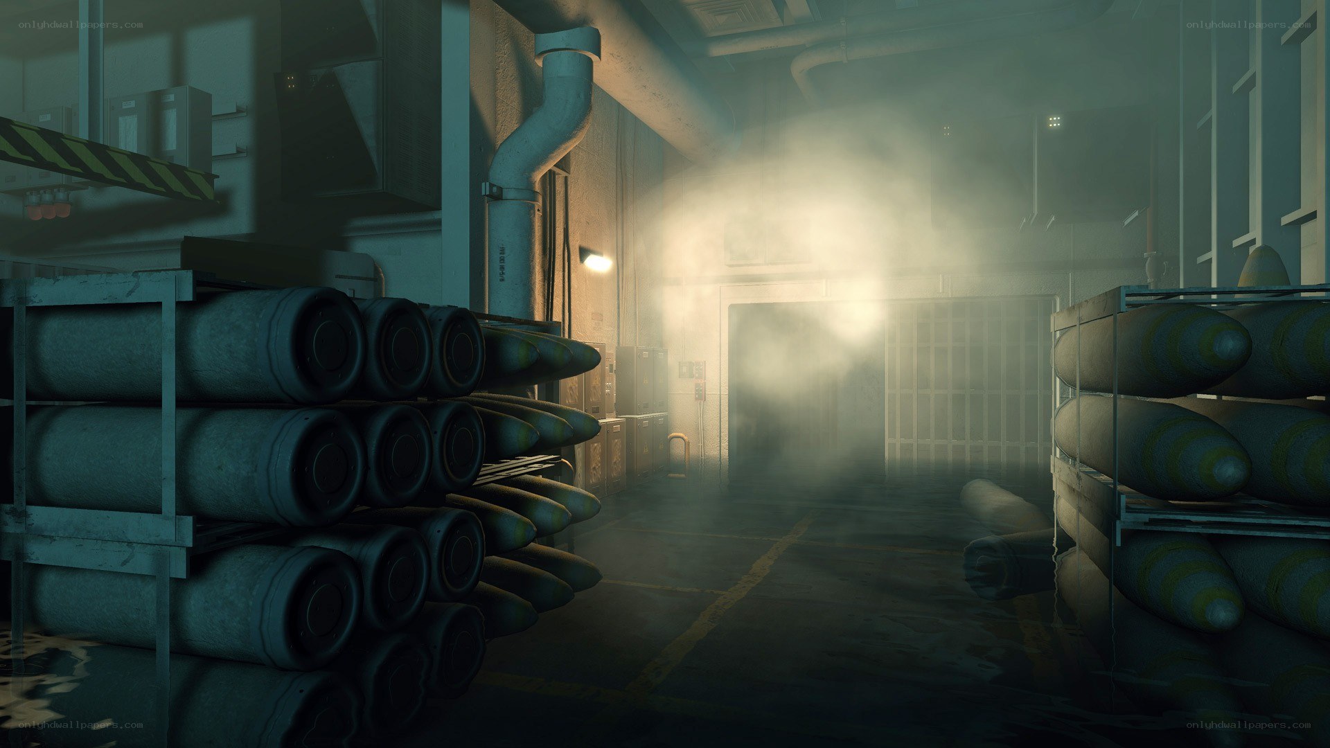 smoky industrial storage room