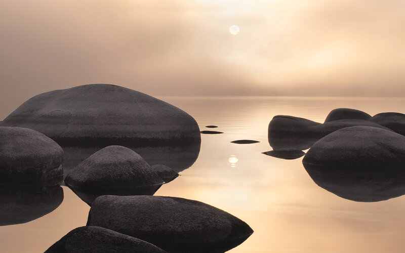 Smooth Rocks in Water — Gray, Serene, Sunset