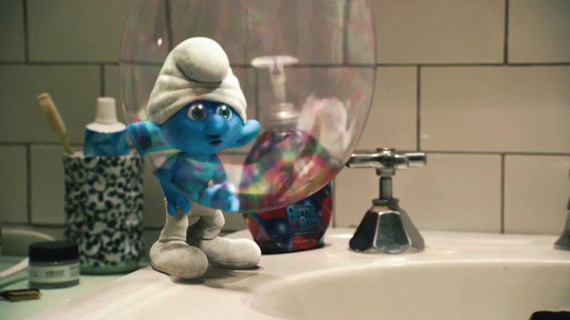 smurf in bathroom with bubble