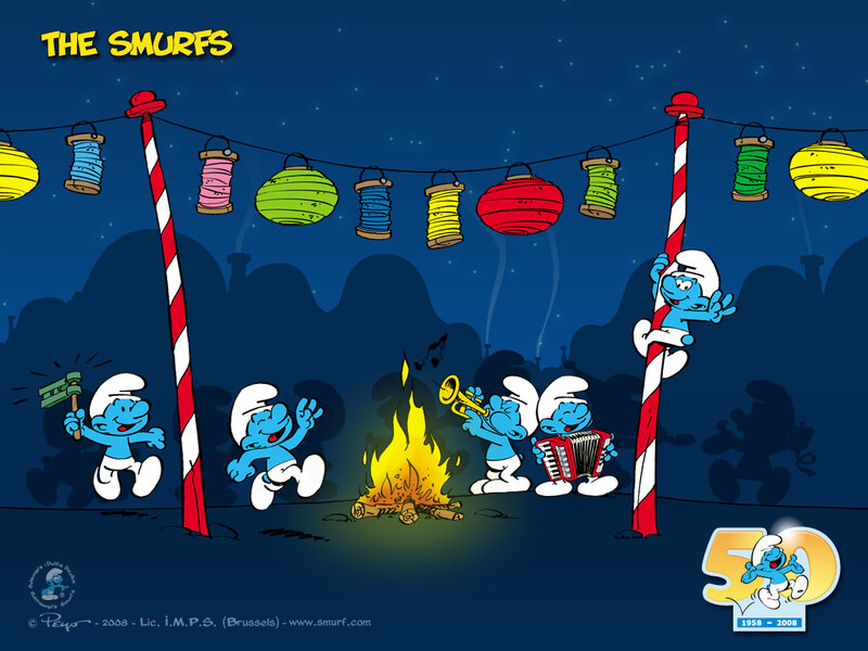 Smurfs at a campfire
