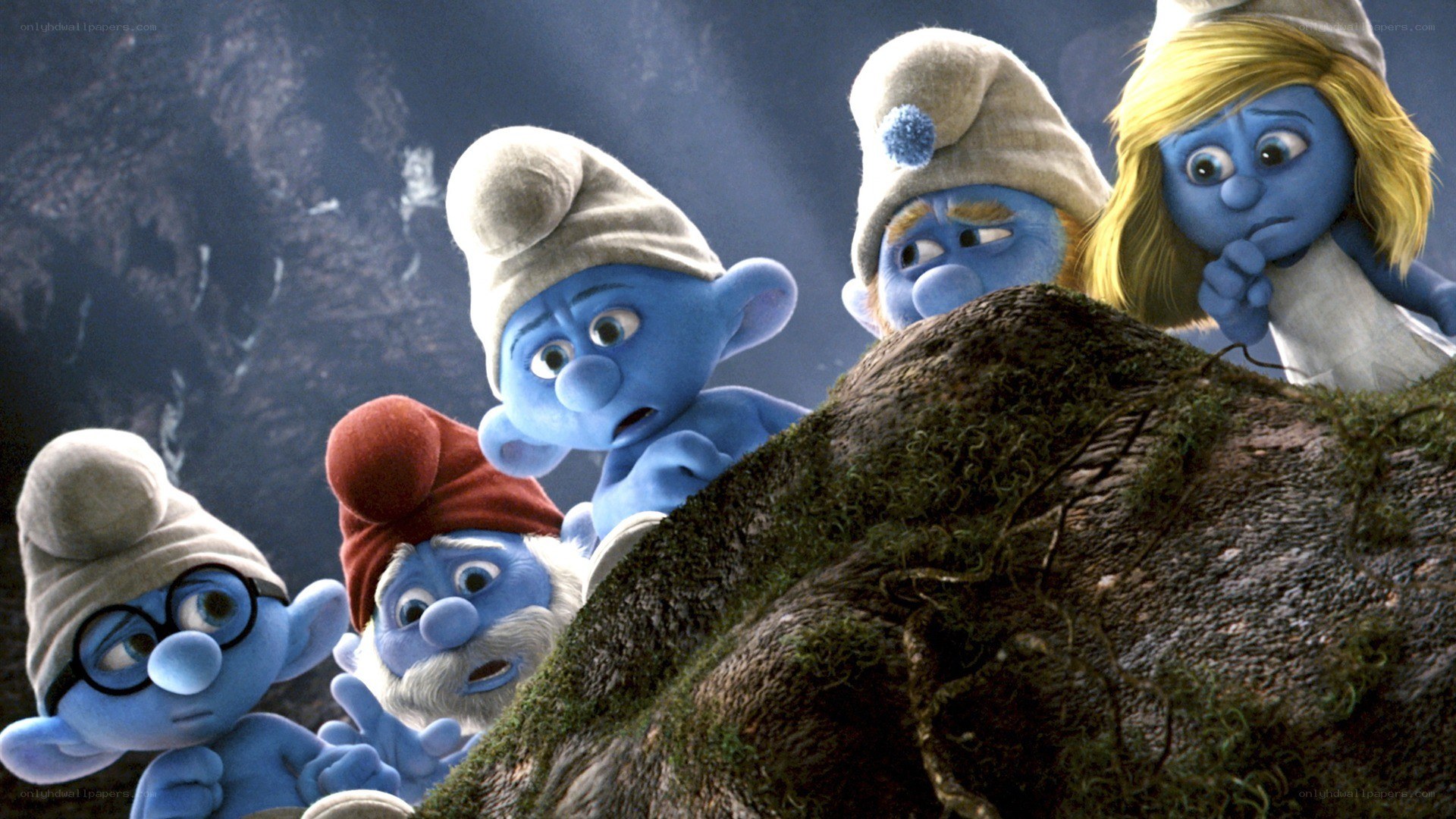 Smurfs peeking over a rock