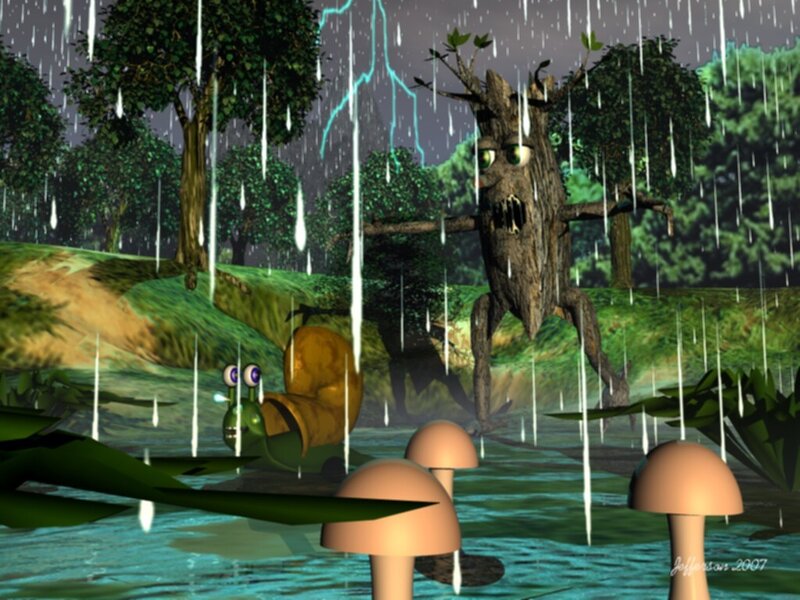 Snail and tree spirit in storm
