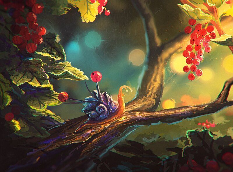 Snail on Tree Branch — Green, Serene
