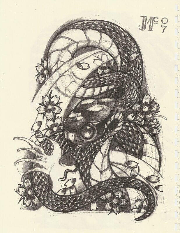 snake and cherry blossom tattoo design