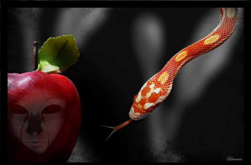 Snake Approaching Apple — Red, Dramatic
