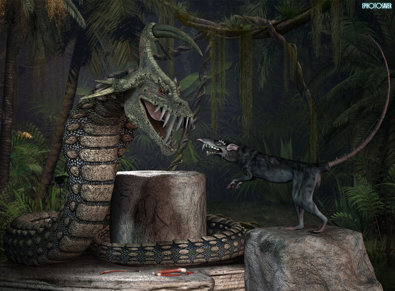 Snake confronts small creature
