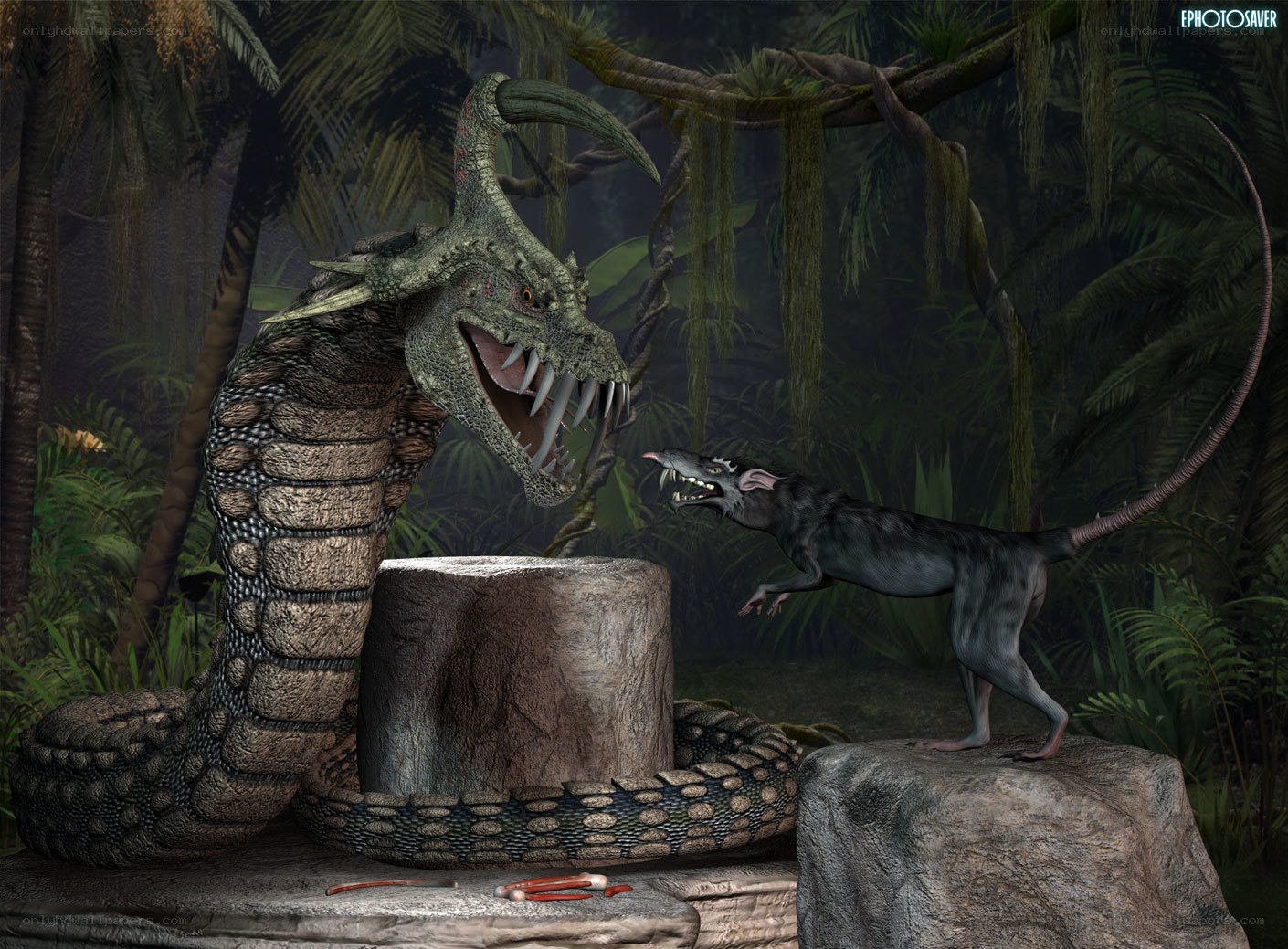 Snake confronts small creature