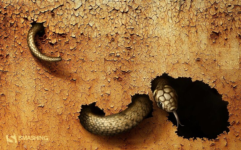 Snake Emerging from Wall — Brown, Dramatic, Digital Art
