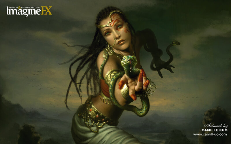Snake-wielding fantasy woman