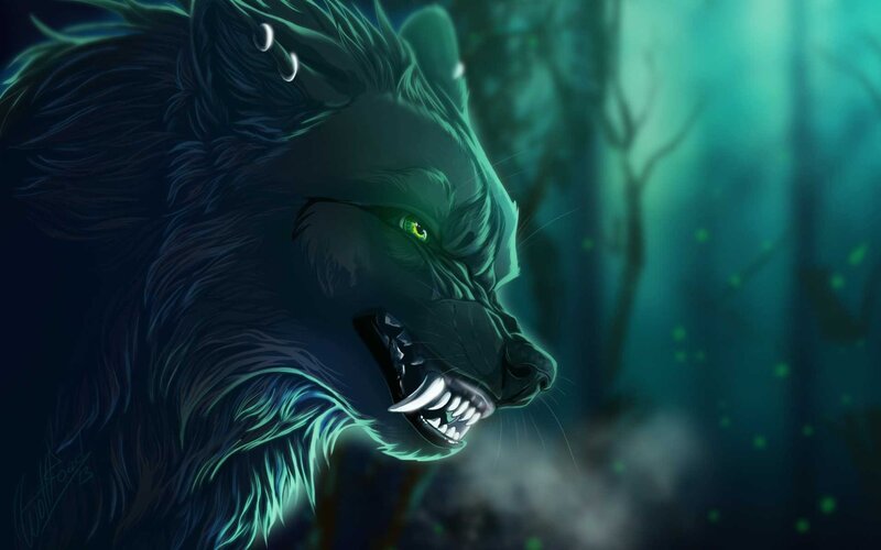 Snarling Wolf in Forest — Green, Dramatic