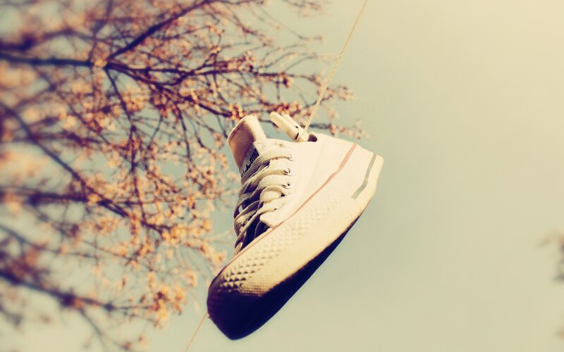 sneaker hanging on a clothesline