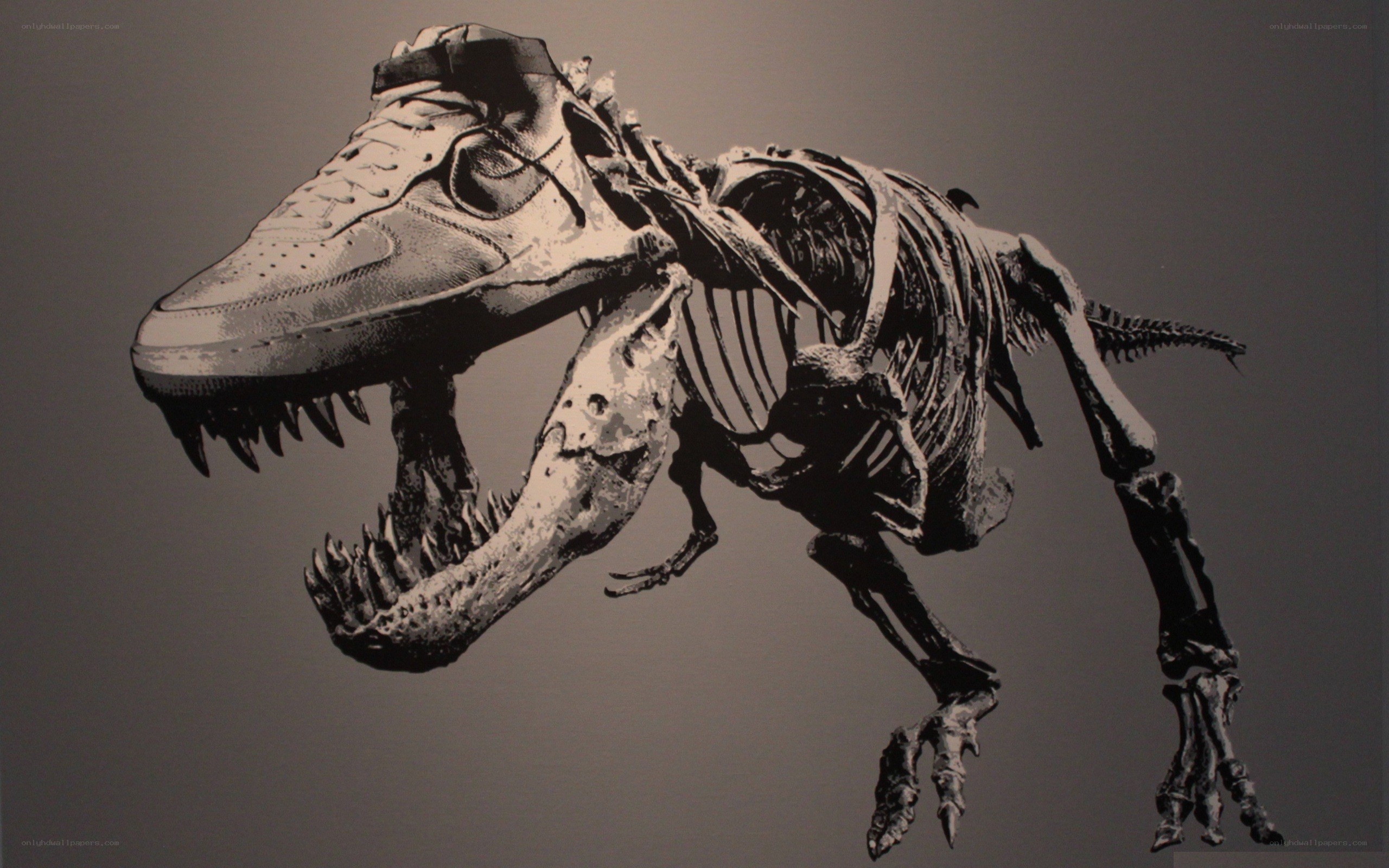 sneaker-headed dinosaur skeleton