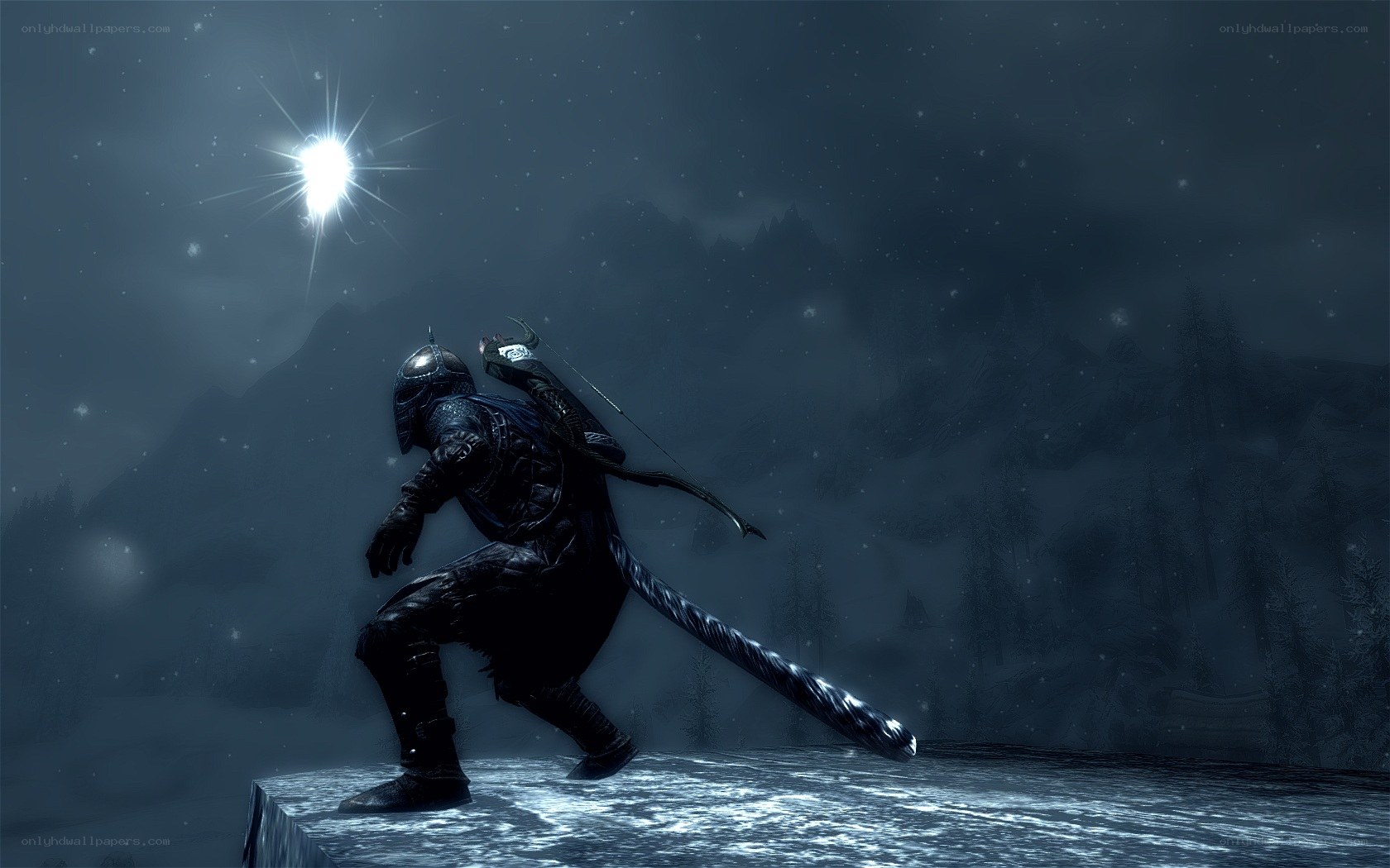 sneaking archer in snowy landscape