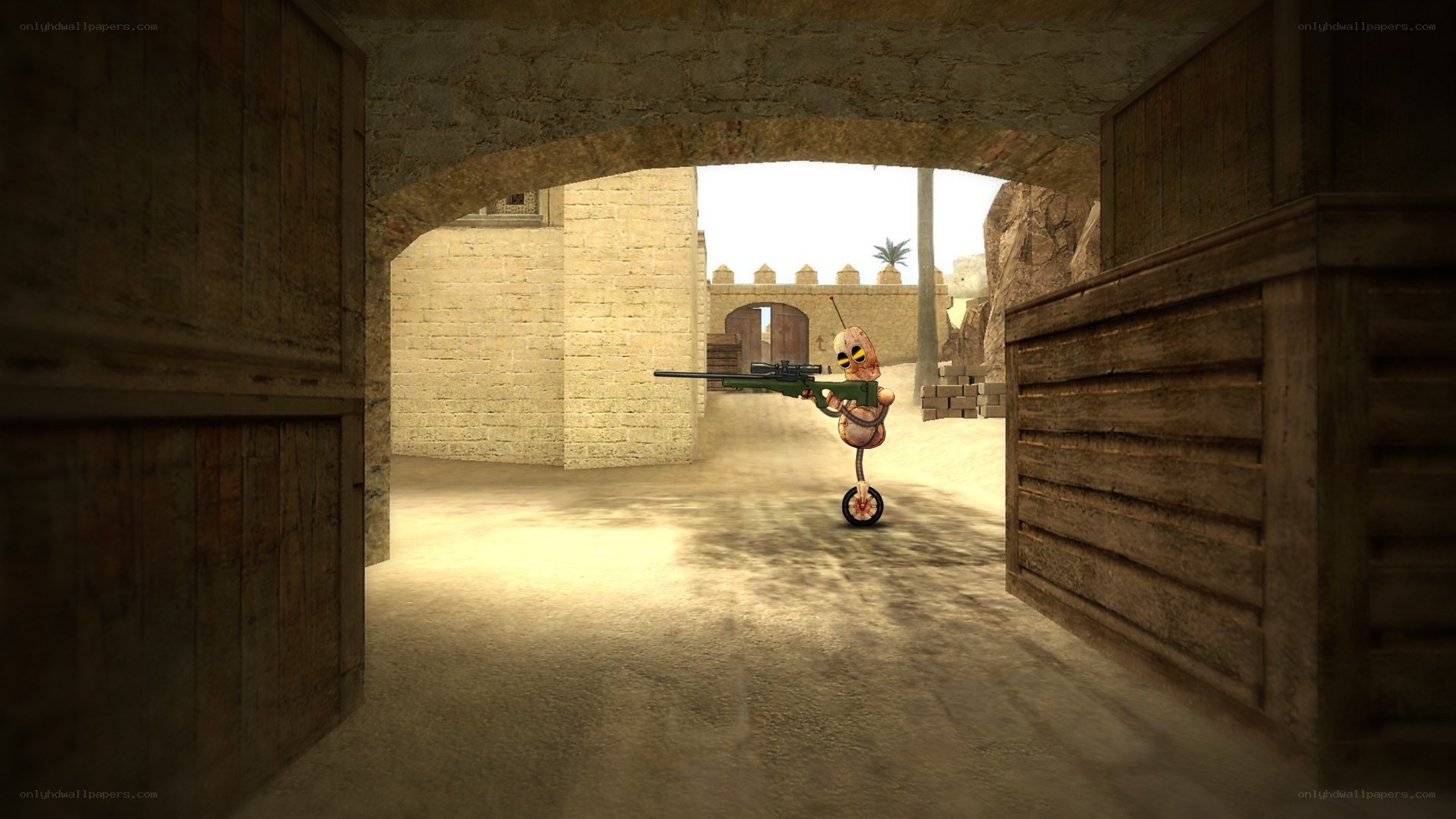 sniper character in desert corridor