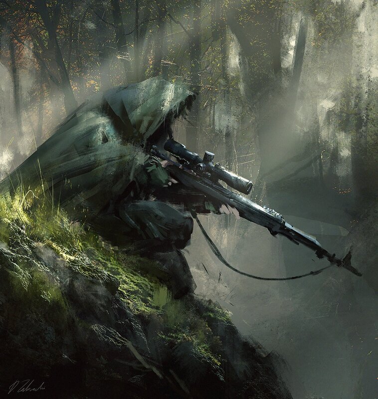 Sniper in Forest — Green, Dramatic