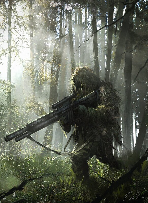Sniper in Ghillie Suit — Green, Dramatic