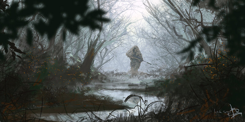 Sniper in misty forest