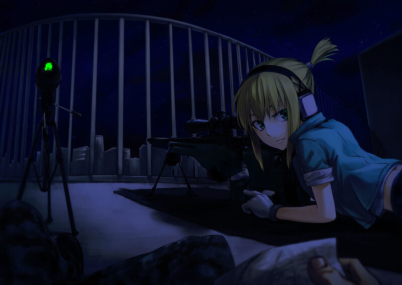 Sniper on a rooftop at night