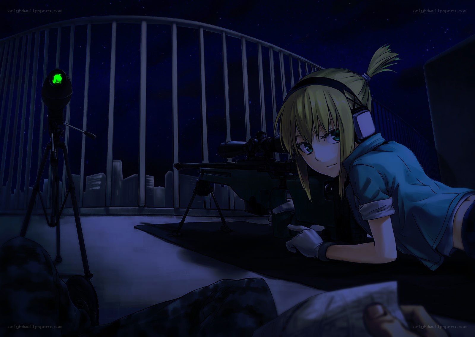 Sniper on a rooftop at night
