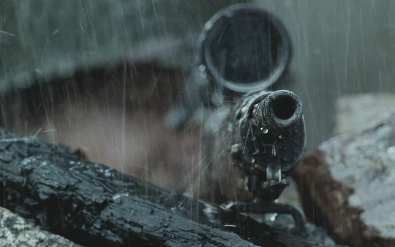 Sniper Rifle in Rain — Gray, Dramatic