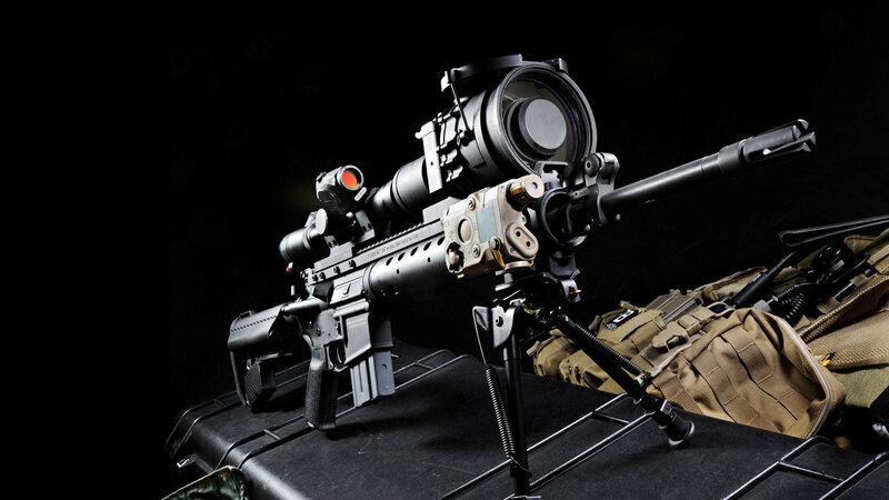 Sniper Rifle with Scope — Black, Dramatic, Photograph, Tripod