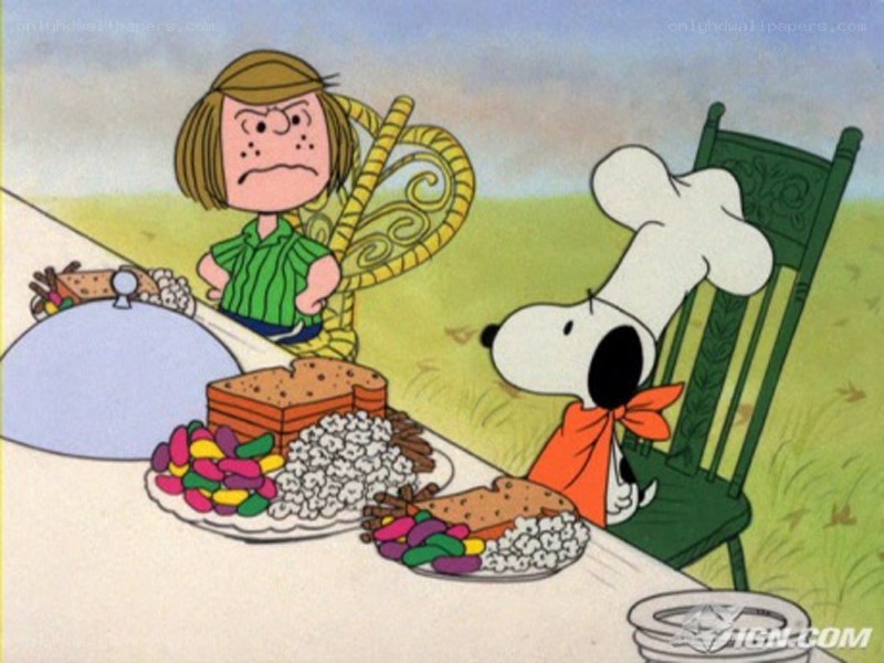 Snoopy and Lucy at a picnic