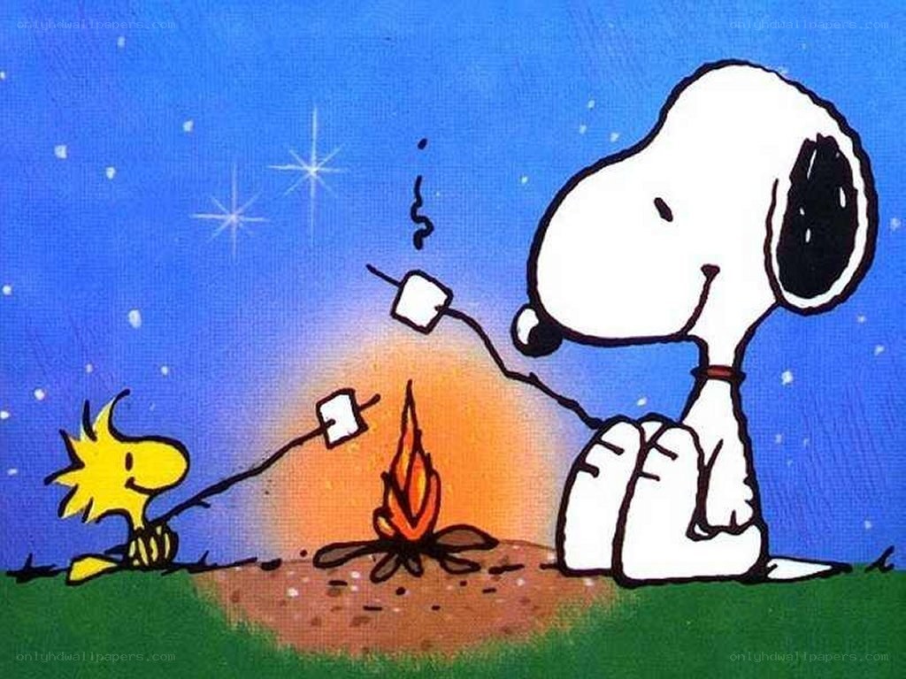 Snoopy and Woodstock roasting marshmallows