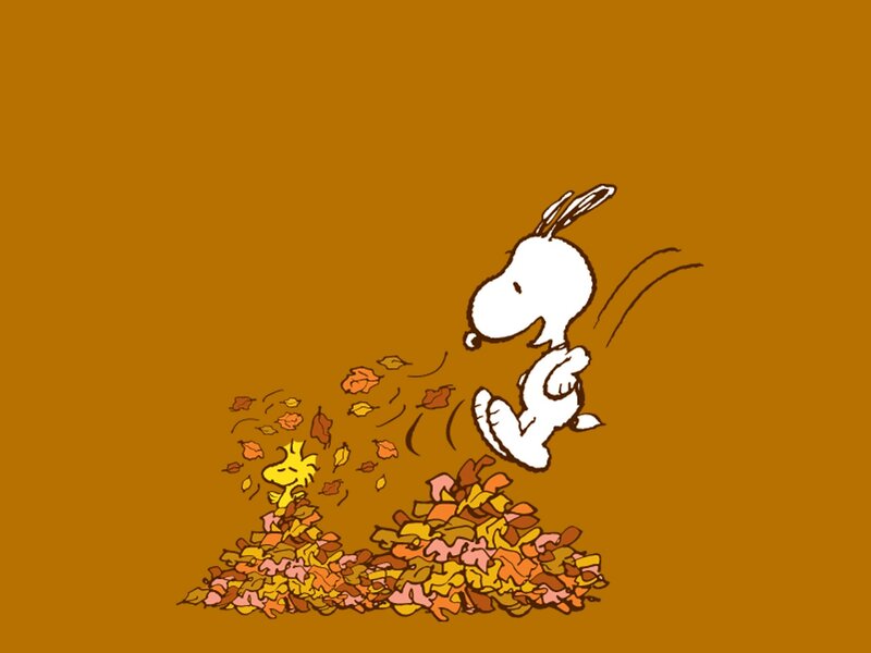 Snoopy jumping in leaves