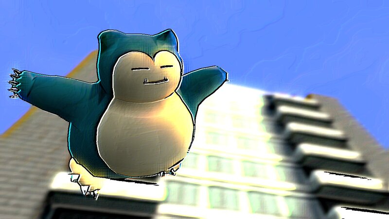 Snorlax Flying over Building
