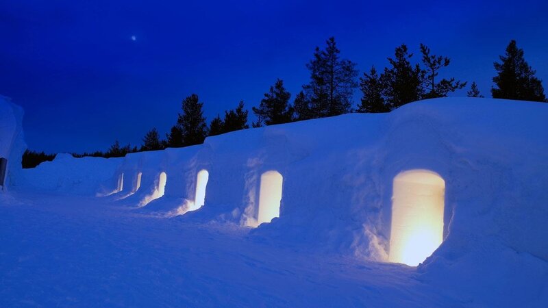 Snow Cabins at Night
