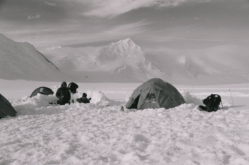 Snow camp with mountain view