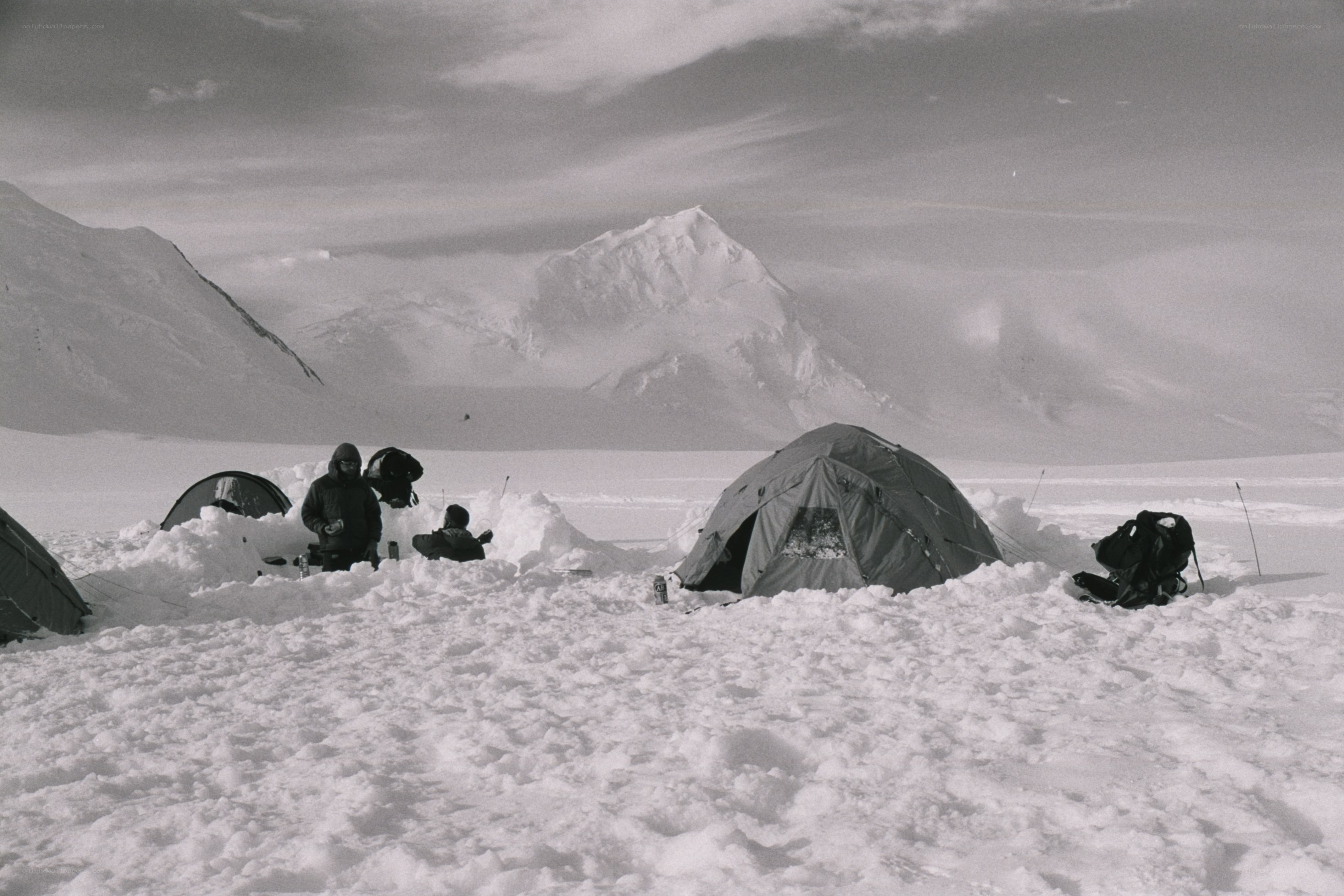 Snow camp with mountain view