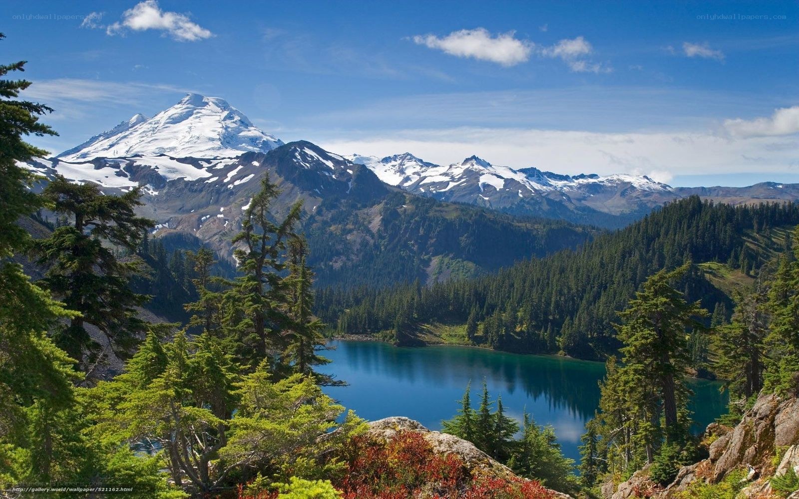 Snow-capped mountain and alpine lake