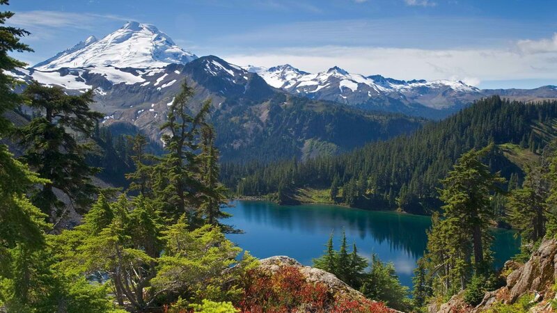 Snow-capped mountain and alpine lake