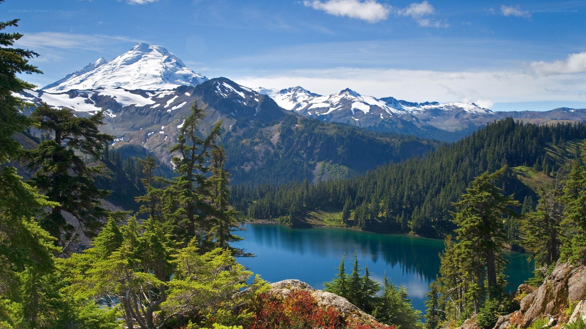 Snow-capped mountain and alpine lake