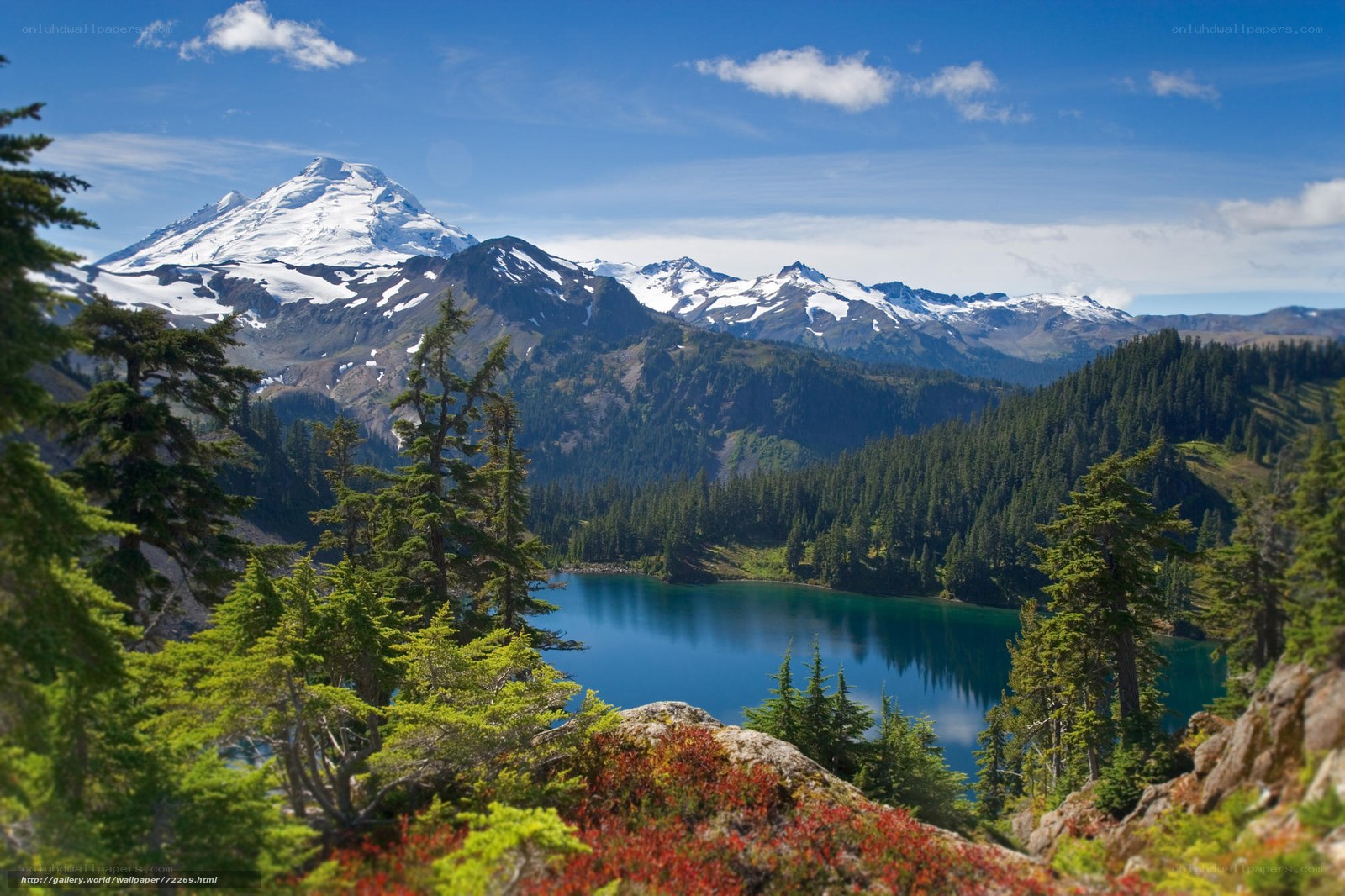Snow-capped mountain and alpine lake