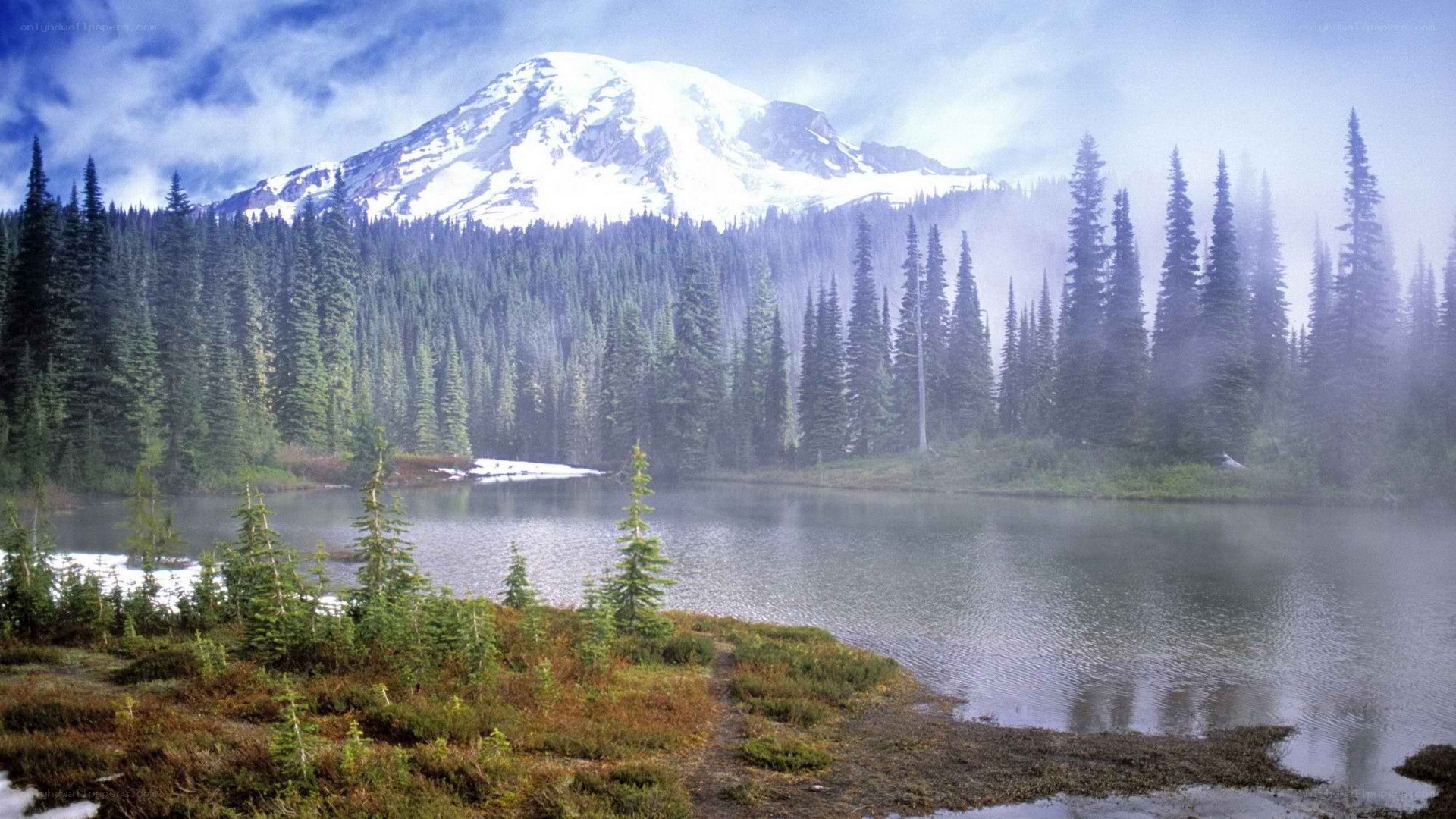 Snow-capped mountain and forest lake