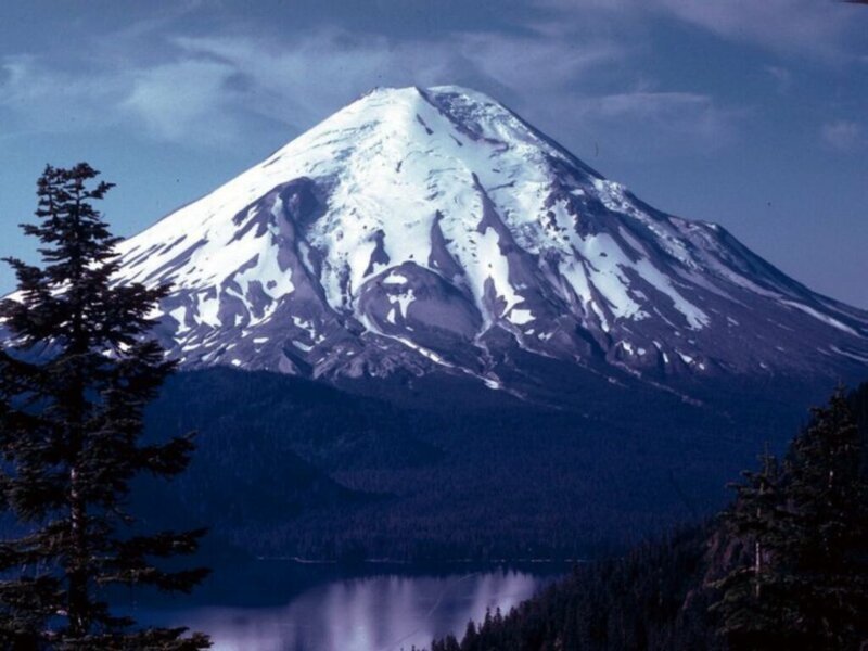 Snow-capped mountain and lake