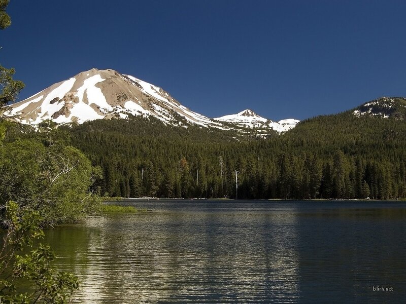 Snow-capped mountain and lake
