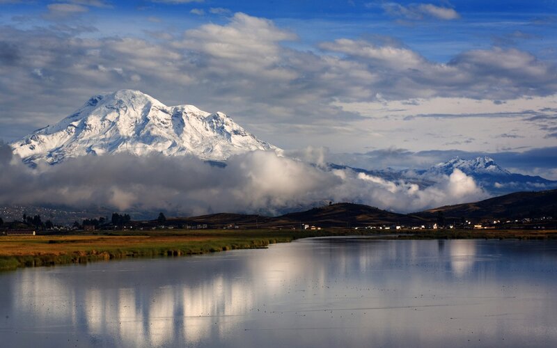 Snow-capped Mountain and Lake — Blue, Serene, Afternoon, Photograph, Clouds