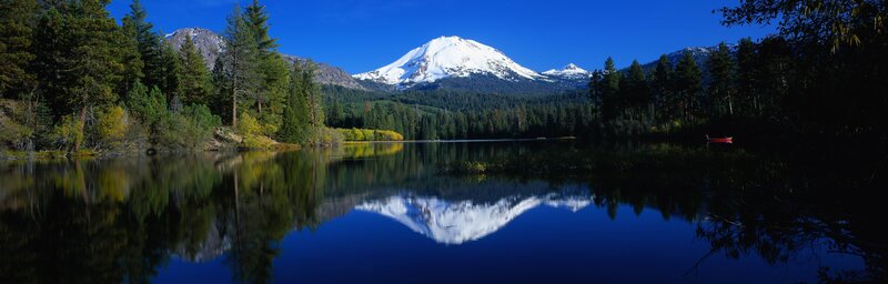 Snow-capped Mountain and Lake — Blue, Serene, Afternoon, Photograph, Forest, Canoe