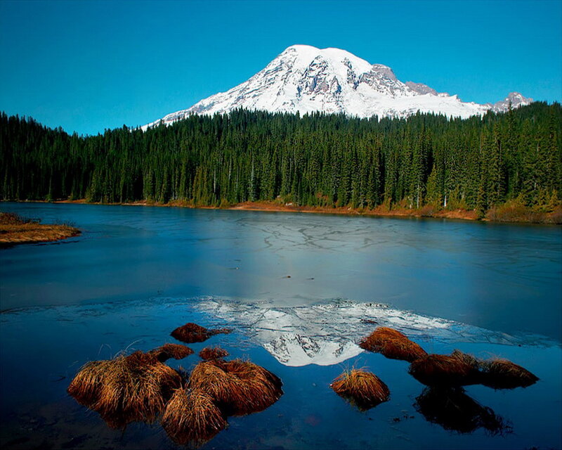 Snow-capped Mountain and Lake — Blue, Serene, Afternoon, Photograph, Forest