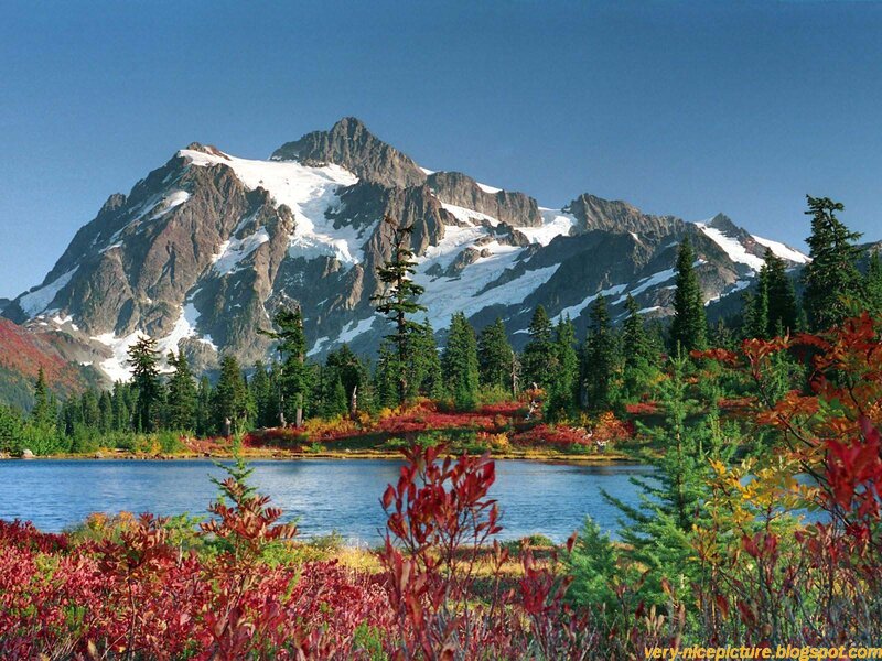 Snow-capped Mountain and Lake — Blue, Serene, Autumn