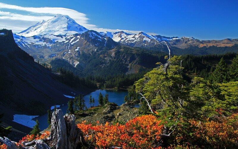 Snow-capped Mountain and Lake — Blue, Serene, Summer, Photograph, Trees
