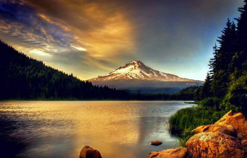 Snow-capped Mountain and Lake — Gold