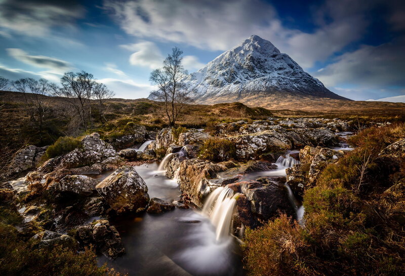 Snow-capped Mountain and Stream — Blue, Dramatic