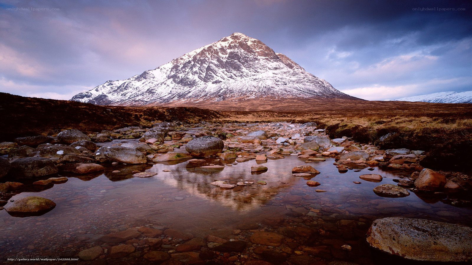 Snow-capped mountain and stream
